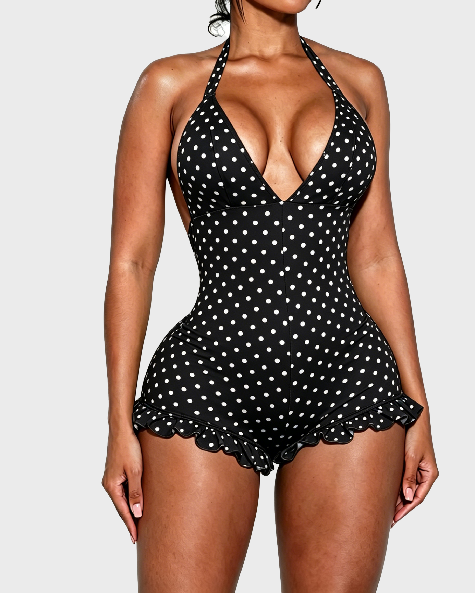 Polka Dot Halter Neck Ruffle Hem Romper  - By Qivii