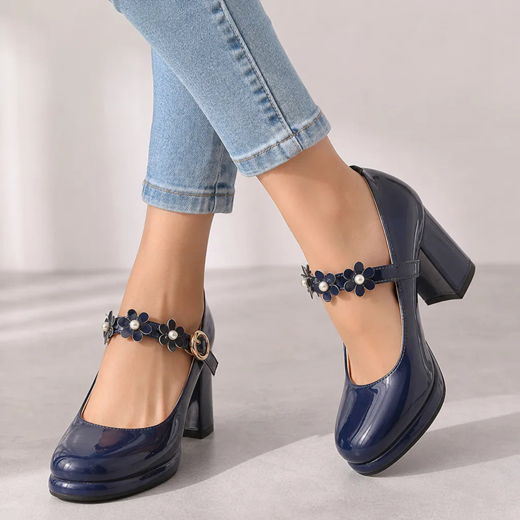 Blue Claudia women's orthopedic floral Mary Jane heels by Hudson Ridge, stylish and supportive footwear for women.
