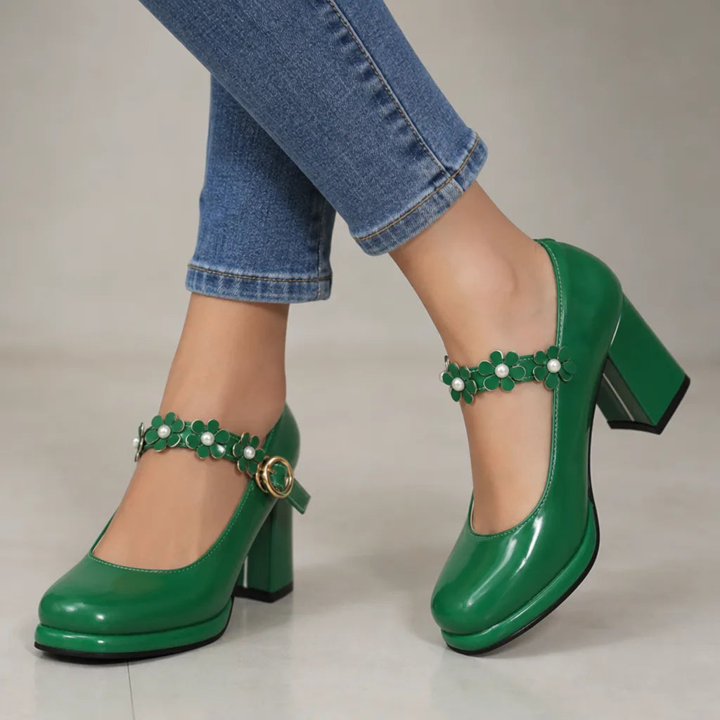 Green Claudia women's orthopedic floral Mary Jane heels by Hudson Ridge, featuring comfortable design and elegant floral details.