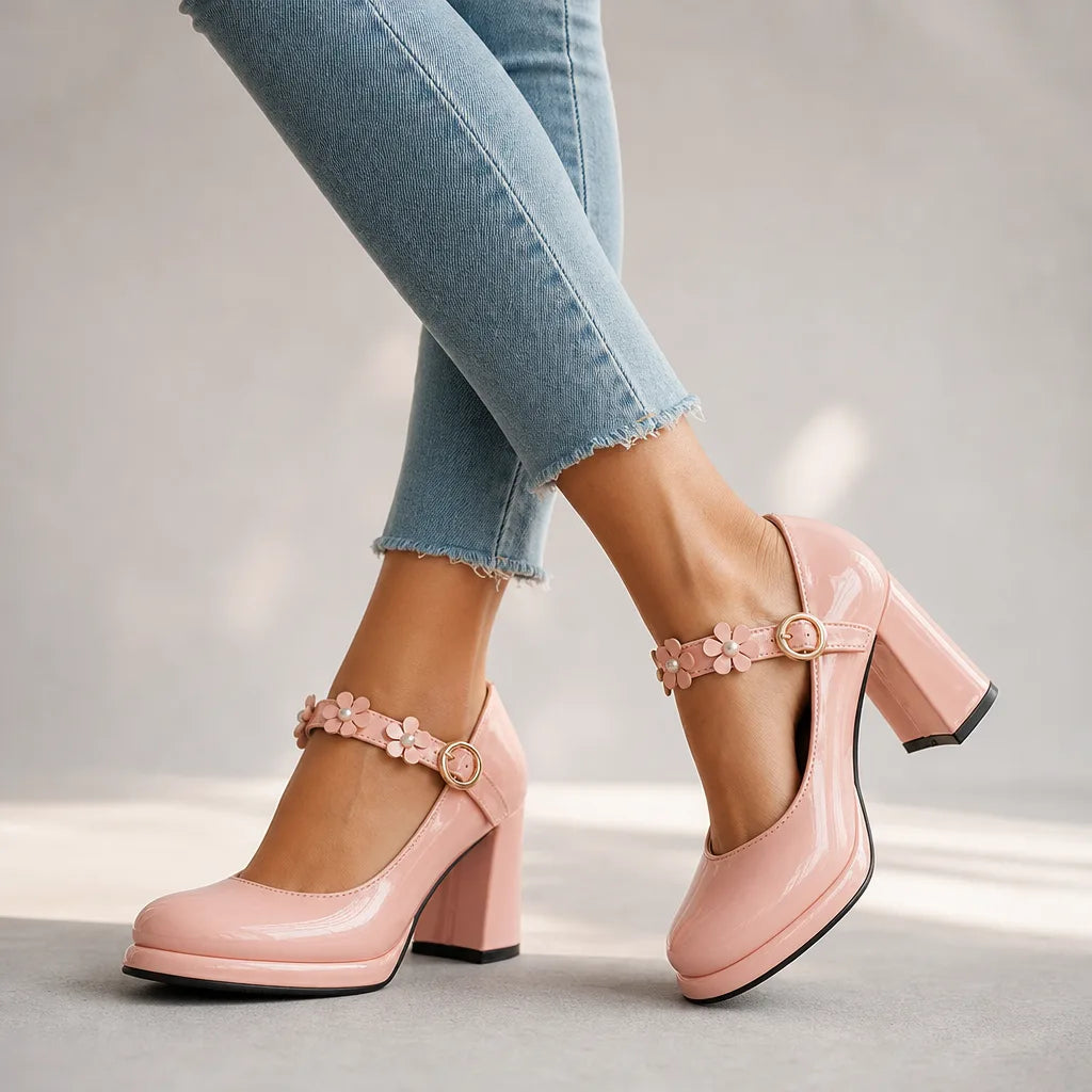 Pink Claudia women's orthopedic floral Mary Jane heels by Hudson Ridge, stylish and supportive footwear for women.