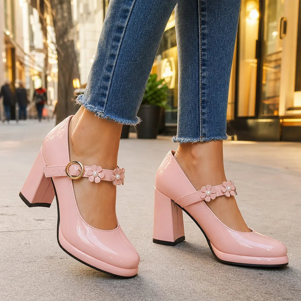 Pink Claudia women's orthopedic floral Mary Jane heels by Hudson Ridge, featuring comfortable, stylish footwear for women.