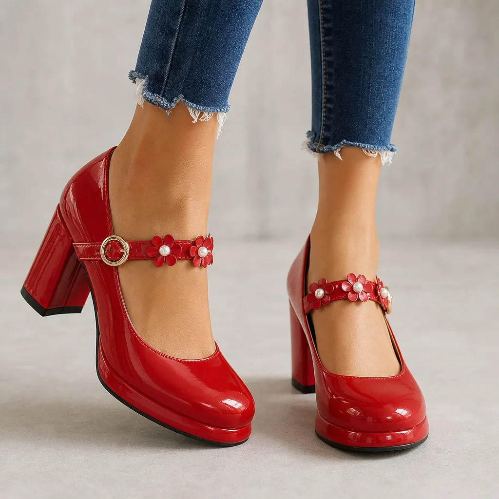 Red Claudia women's orthopedic floral Mary Jane heels by Hudson Ridge, stylish and supportive footwear for women.