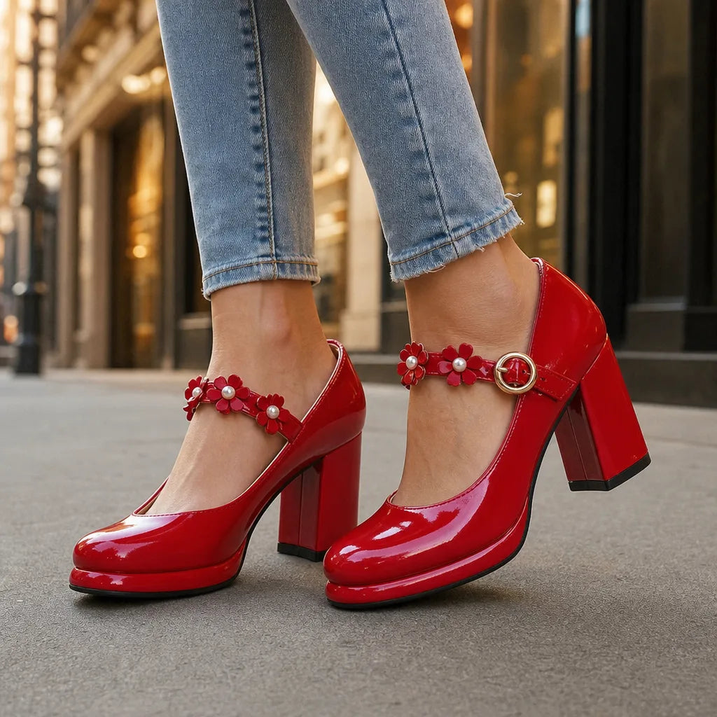 Red Claudia women's orthopedic floral Mary Jane heels by Hudson Ridge, stylish and supportive footwear for women.