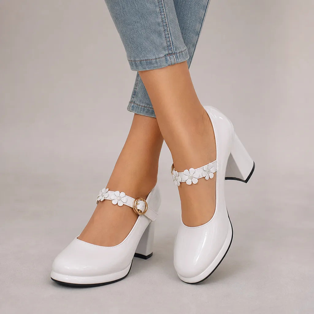 White Claudia women's orthopedic floral Mary Jane heels by Hudson Ridge, stylish and comfortable footwear for women.