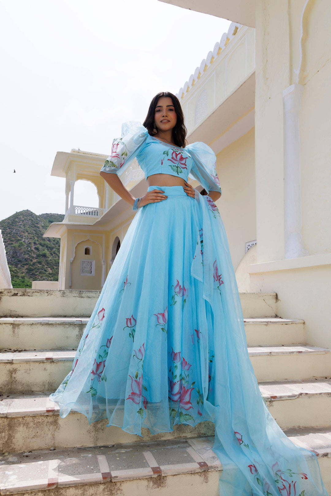 Clearwater Blue Brush Paint Lehenga Set - qivii