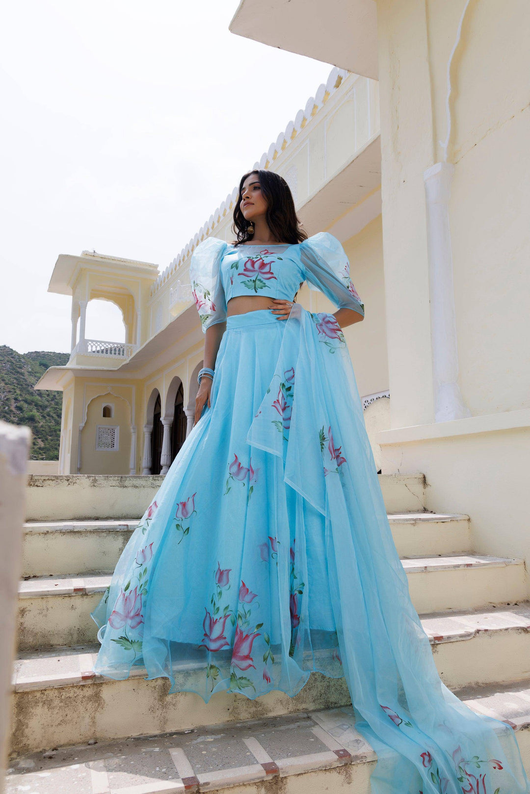 Clearwater Blue Brush Paint Lehenga Set - qivii