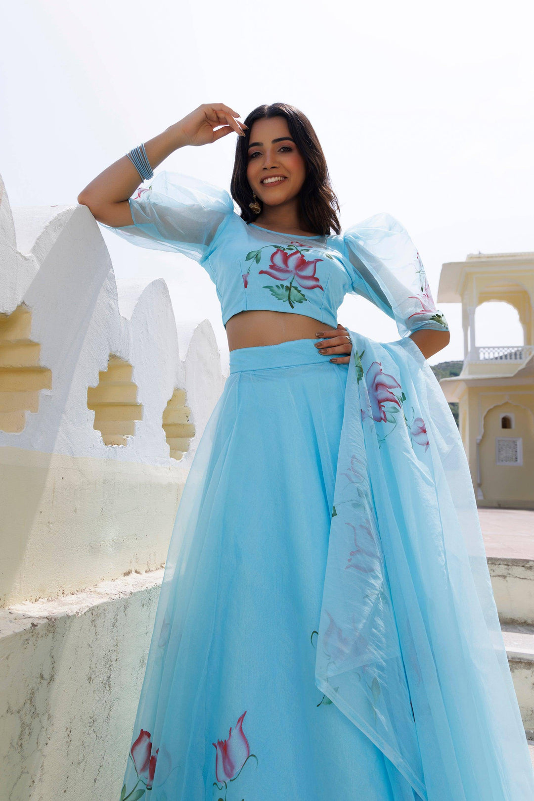 Clearwater Blue Brush Paint Lehenga Set - qivii