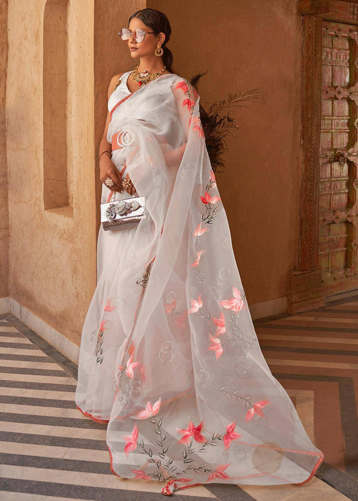 Cloud Grey Digital Floral Print Organza Saree | Stitched Blouse - qivii