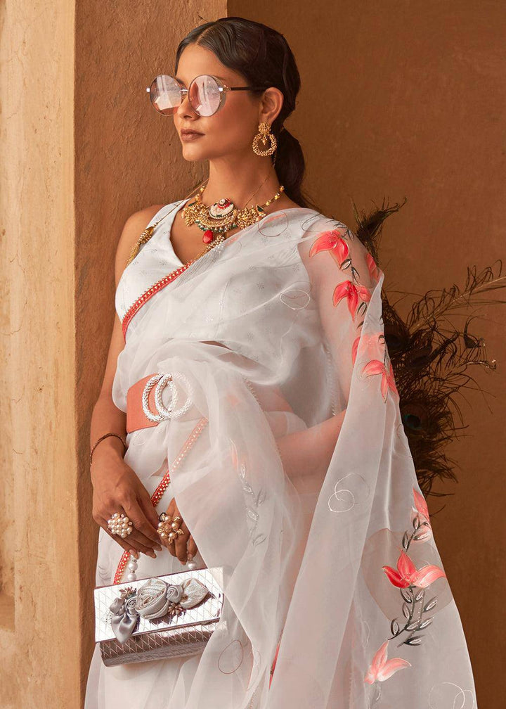 Cloud Grey Digital Floral Print Organza Saree | Stitched Blouse - qivii