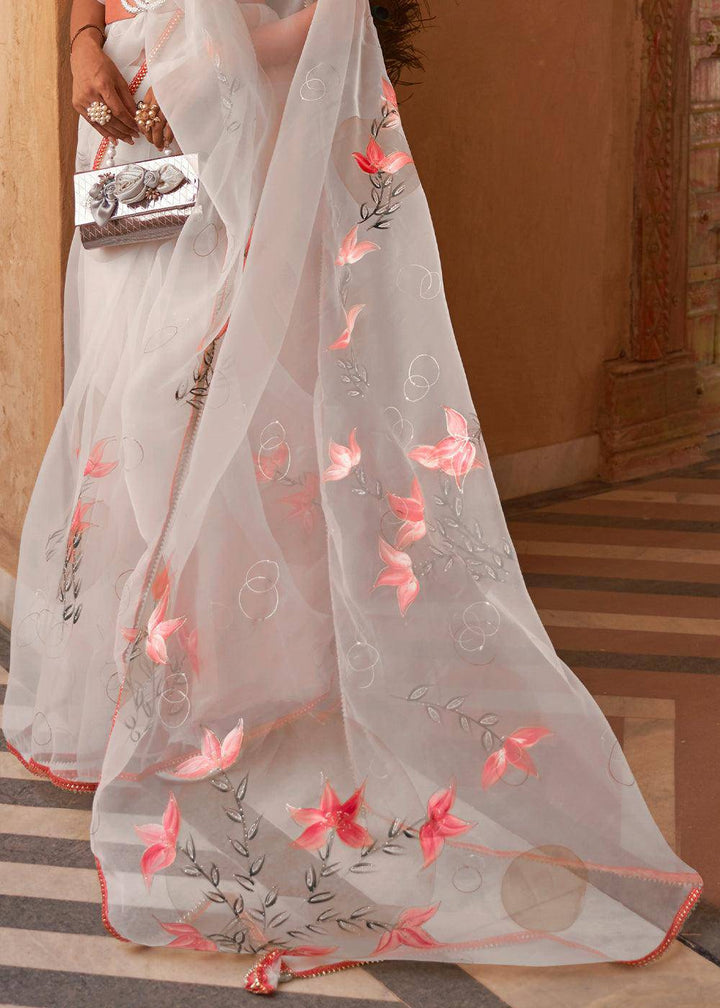 Cloud Grey Digital Floral Print Organza Saree | Stitched Blouse - qivii