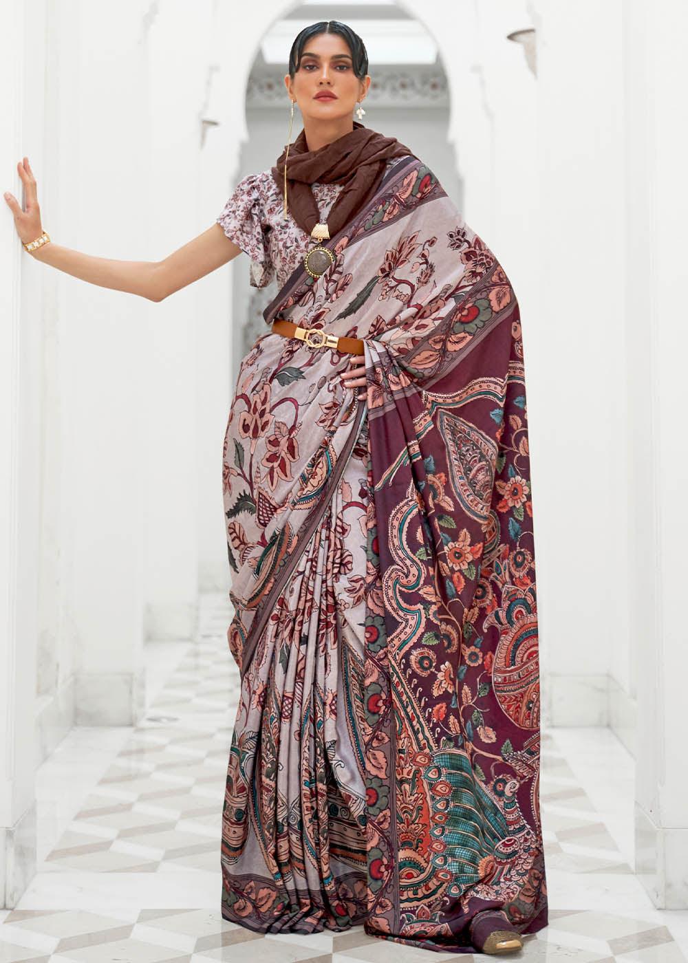 Cloudy Grey Digital Floral Printed Crepe Silk Saree | Stitched Blouse - qivii