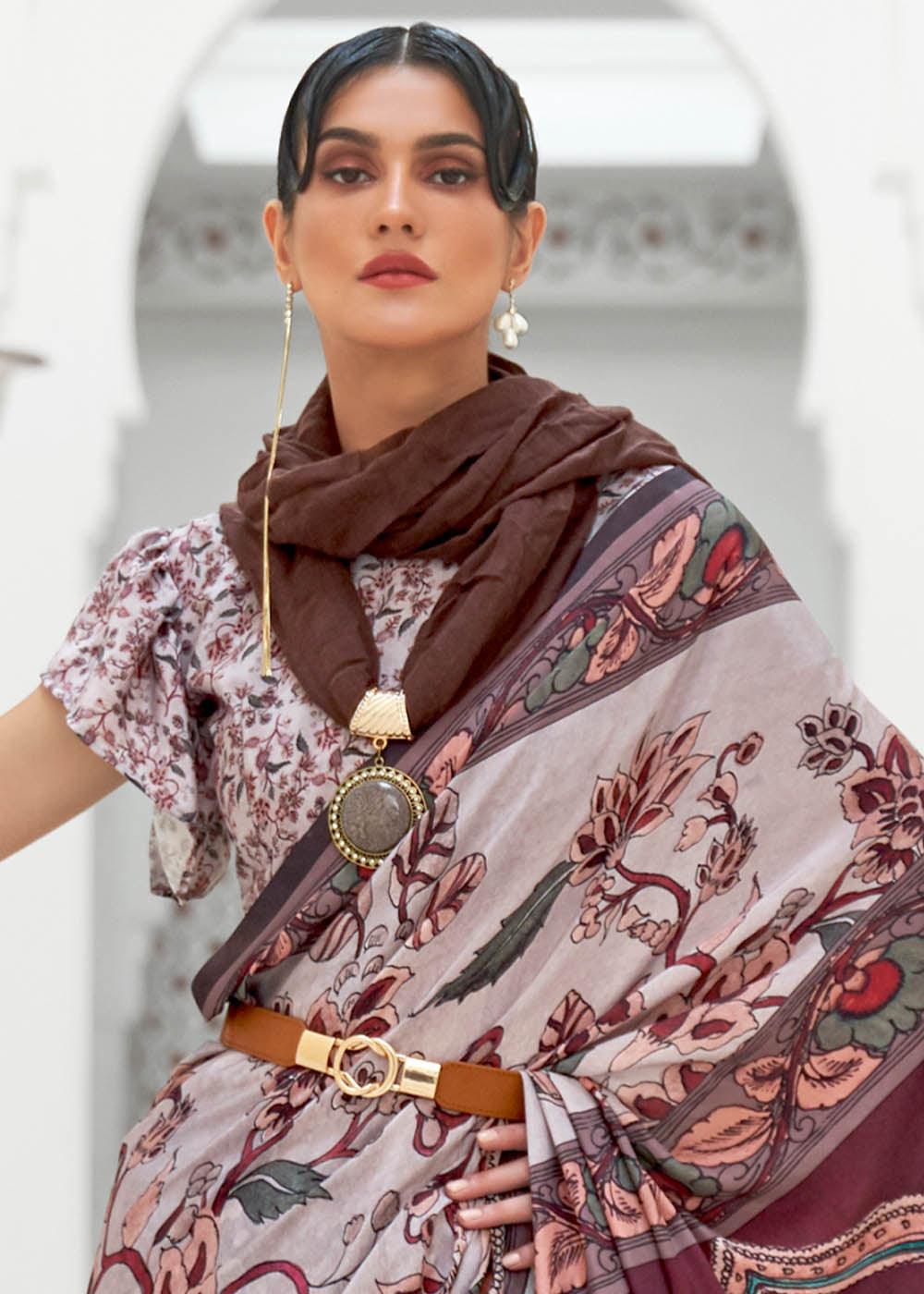 Cloudy Grey Digital Floral Printed Crepe Silk Saree | Stitched Blouse - qivii