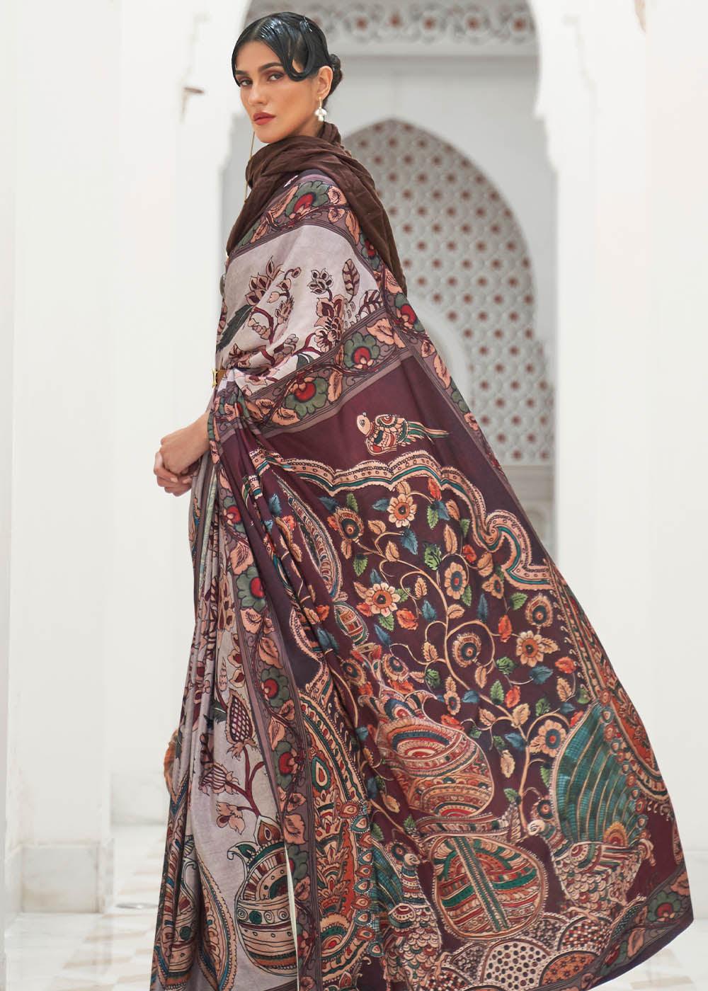 Cloudy Grey Digital Floral Printed Crepe Silk Saree | Stitched Blouse - qivii