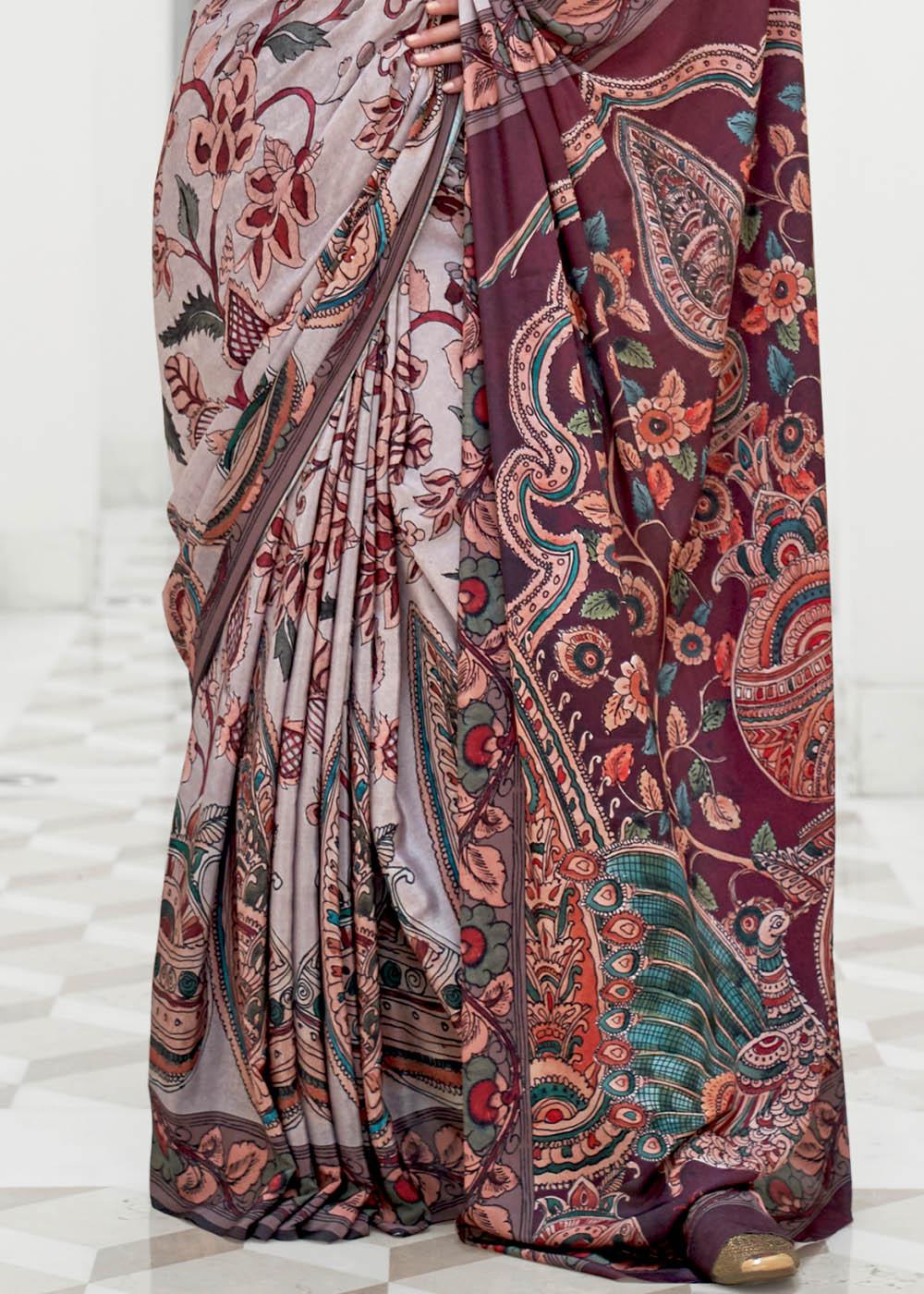 Cloudy Grey Digital Floral Printed Crepe Silk Saree | Stitched Blouse - qivii