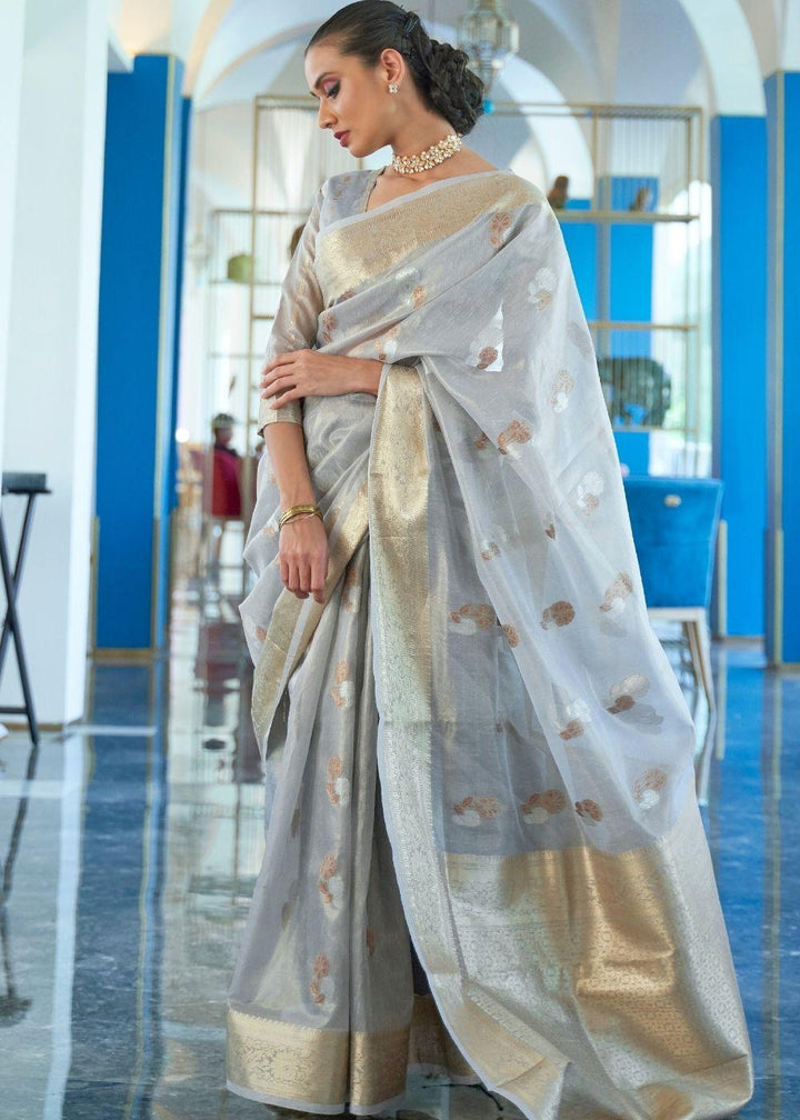 Cloudy Grey Zari Woven Organza Silk Saree | Stitched Blouse - qivii