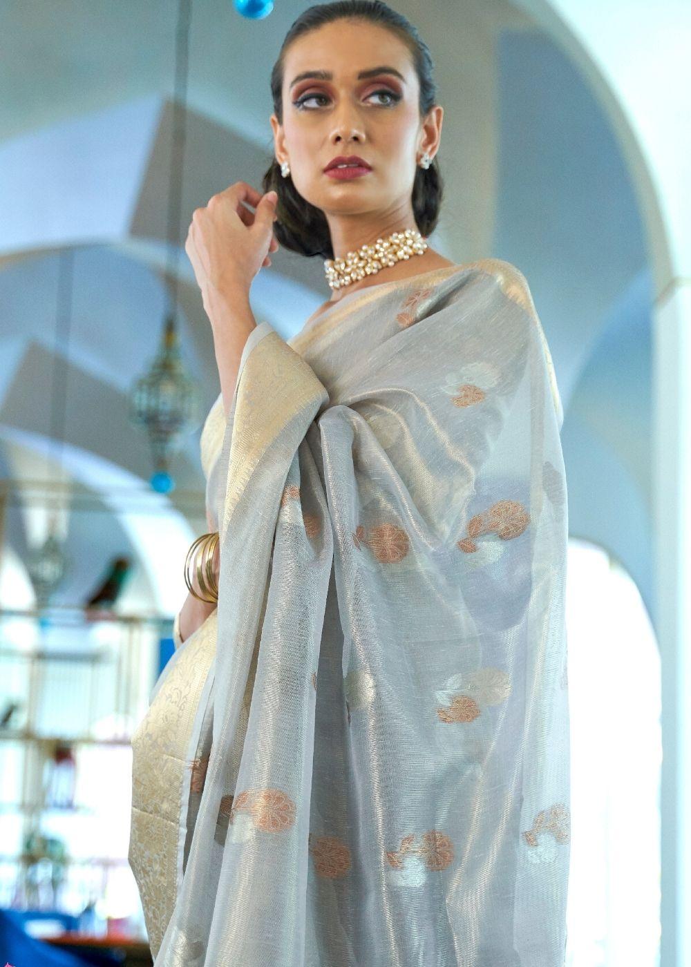 Cloudy Grey Zari Woven Organza Silk Saree | Stitched Blouse - qivii