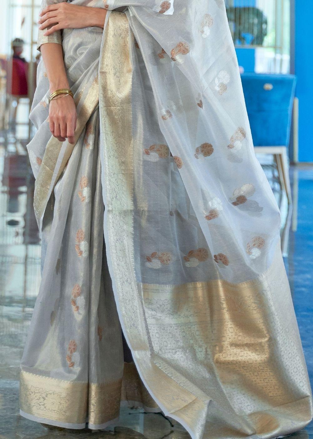 Cloudy Grey Zari Woven Organza Silk Saree | Stitched Blouse - qivii