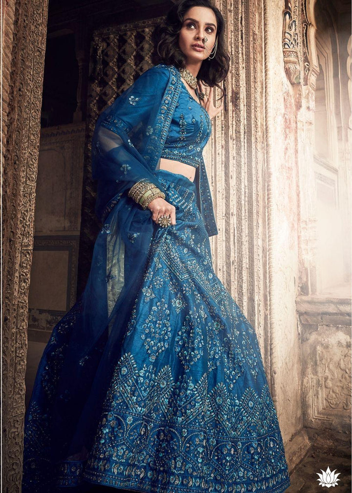 Cobalt Blue Art Silk Lehenga Choli with Thread, Zarkan, Zari and Sequins work (Pre-Order) - qivii