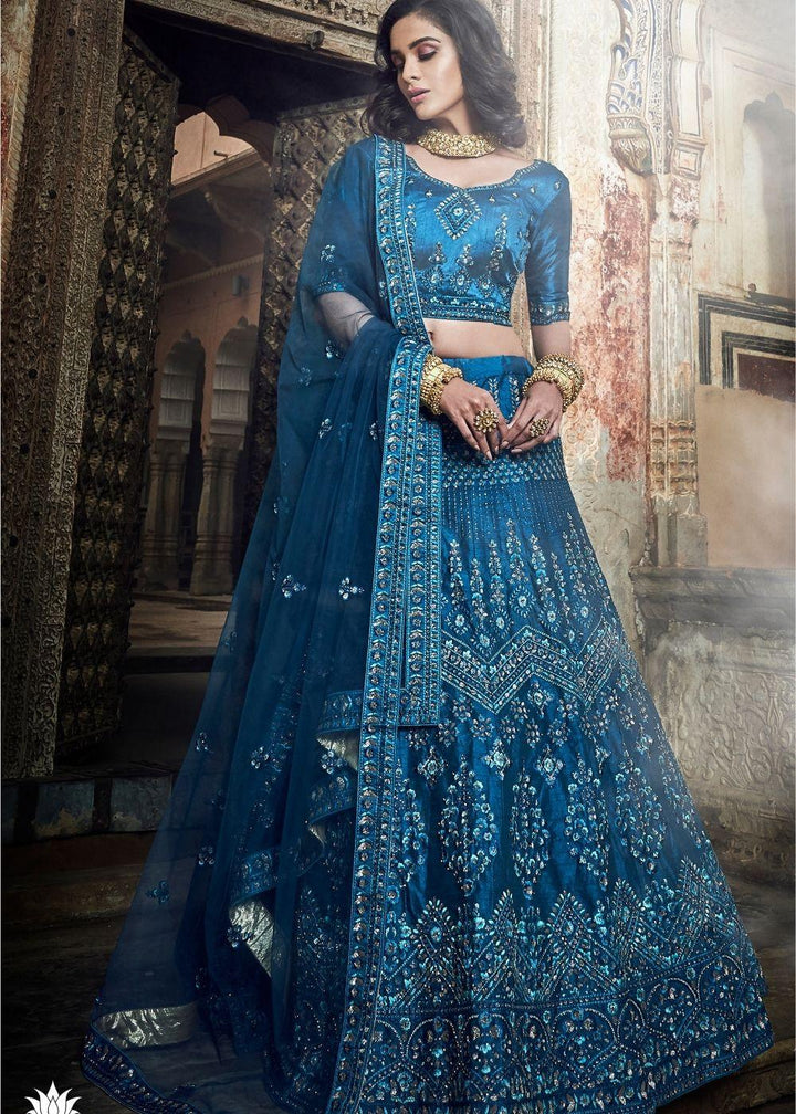 Cobalt Blue Art Silk Lehenga Choli with Thread, Zarkan, Zari and Sequins work (Pre-Order) - qivii