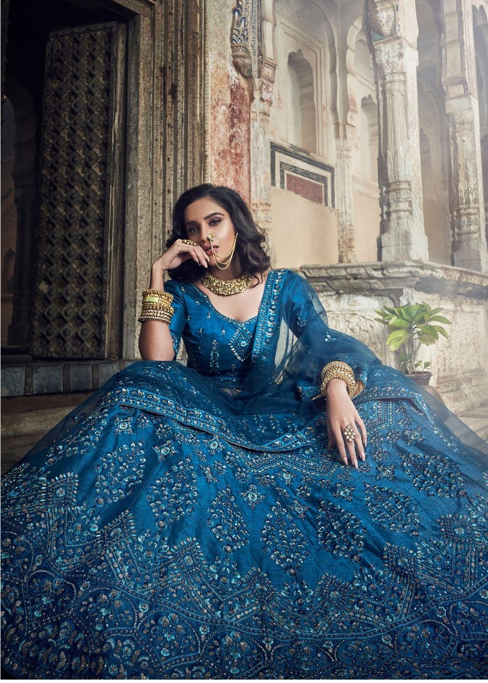 Cobalt Blue Art Silk Lehenga Choli with Thread, Zarkan, Zari and Sequins work (Pre-Order) - qivii