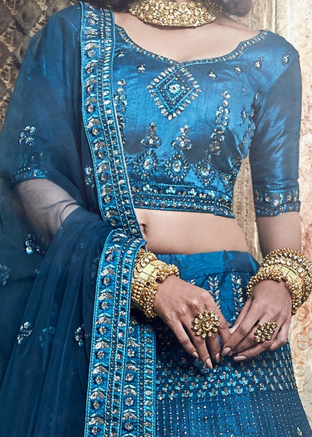 Cobalt Blue Art Silk Lehenga Choli with Thread, Zarkan, Zari and Sequins work (Pre-Order) - qivii