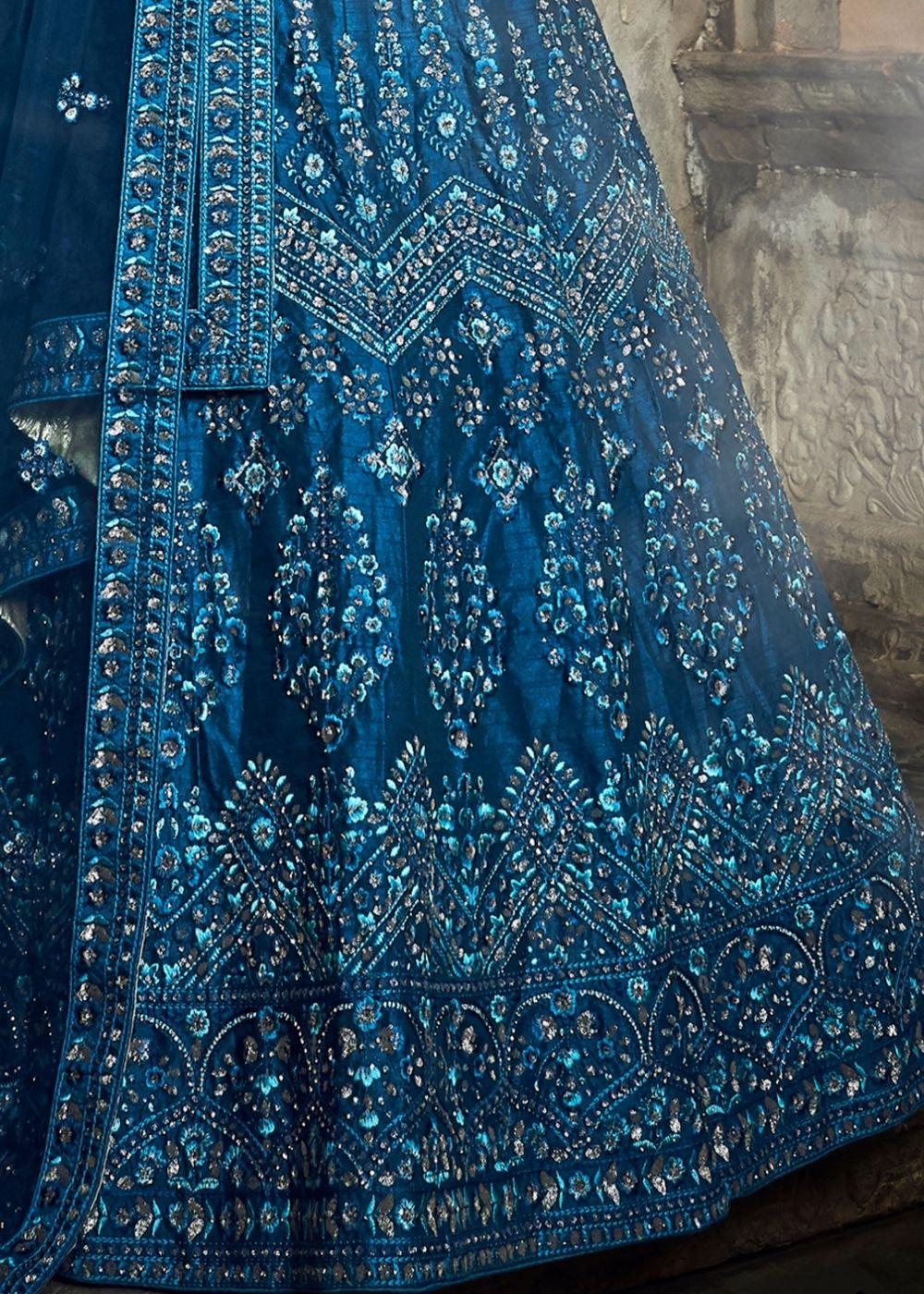 Cobalt Blue Art Silk Lehenga Choli with Thread, Zarkan, Zari and Sequins work (Pre-Order) - qivii