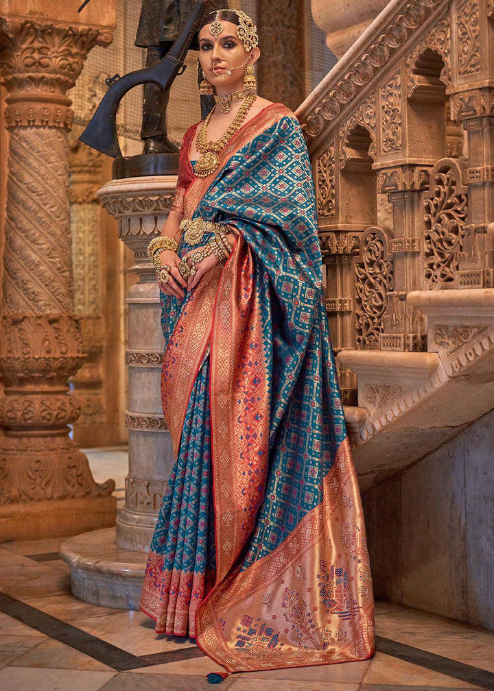 Cobalt Blue Banarasi Jacquard Silk Saree with Swarvoski work | Stitched Blouse - qivii