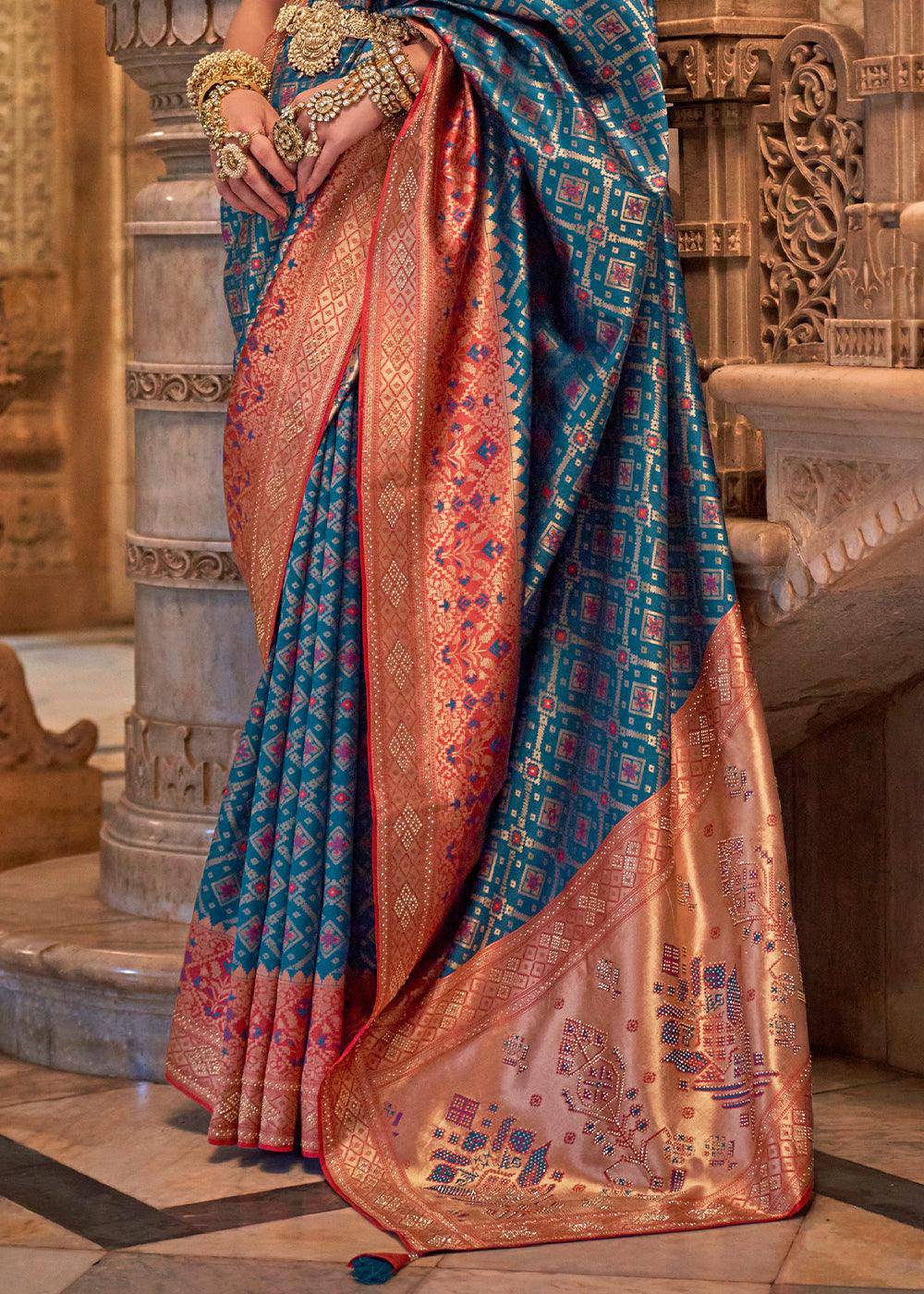 Cobalt Blue Banarasi Jacquard Silk Saree with Swarvoski work | Stitched Blouse - qivii