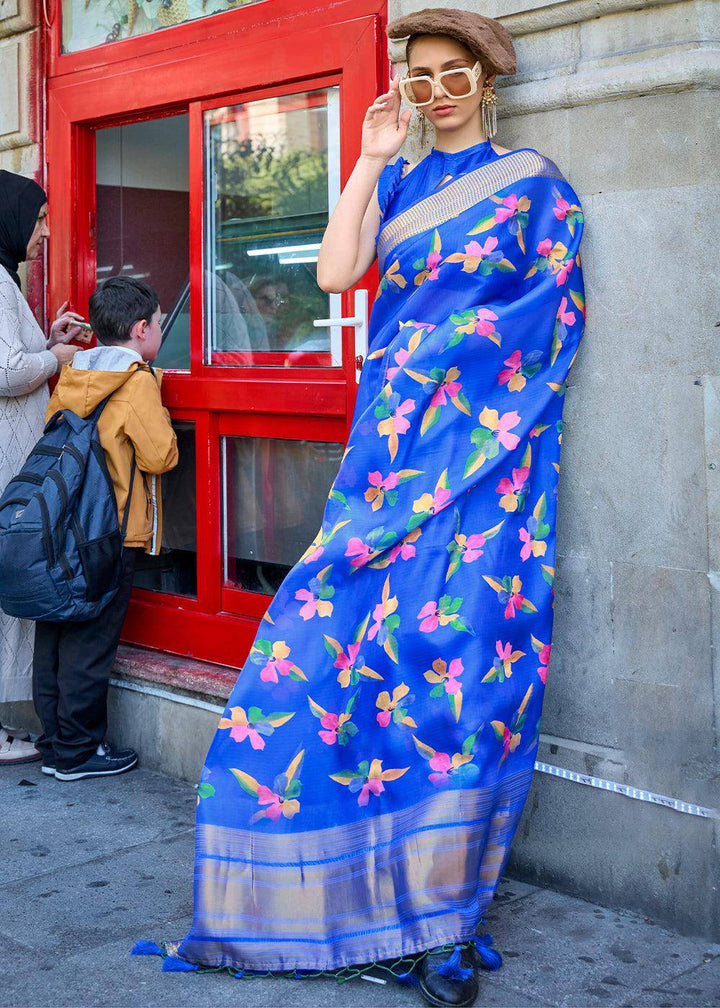 Cobalt Blue Floral Printed Satin Organza Saree | Stitched Blouse - qivii