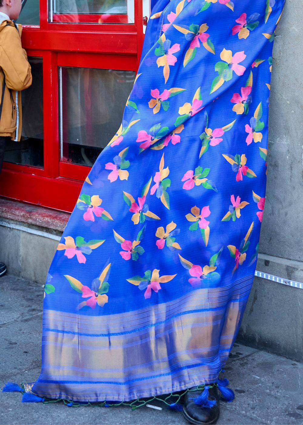 Cobalt Blue Floral Printed Satin Organza Saree | Stitched Blouse - qivii