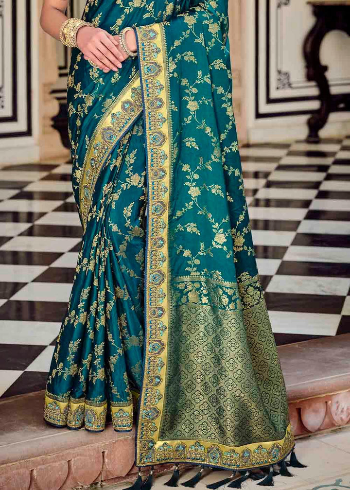 Cobalt Blue Floral Zari Woven Banarasi Silk Saree with Embroidered Blouse | Stitched Blouse - qivii