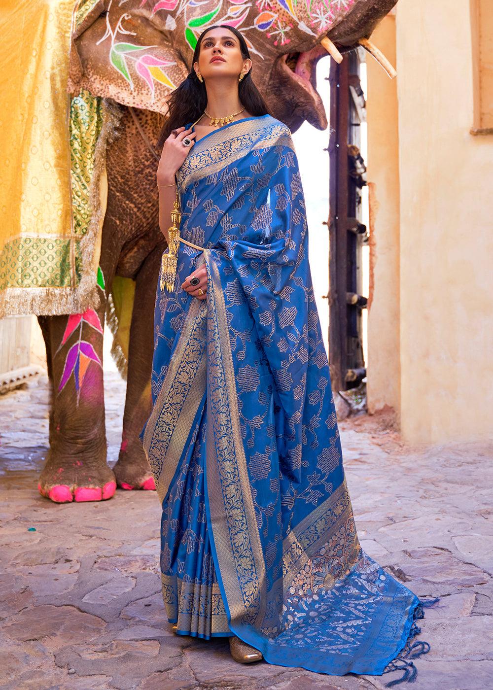 Cobalt Blue Handloom Weave Soft Banarasi Silk Saree | Stitched Blouse - qivii