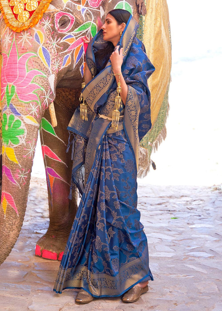 Cobalt Blue Handloom Weave Soft Banarasi Silk Saree | Stitched Blouse - qivii