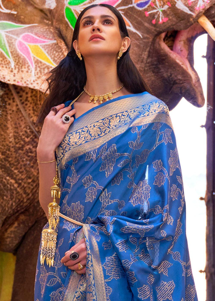 Cobalt Blue Handloom Weave Soft Banarasi Silk Saree | Stitched Blouse - qivii