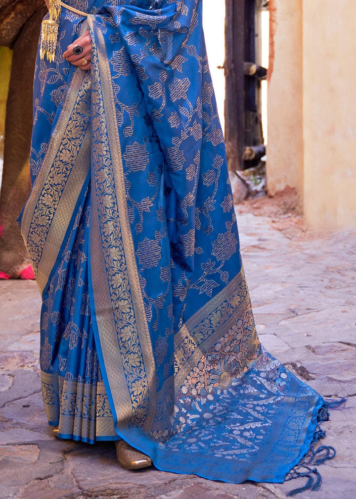 Cobalt Blue Handloom Weave Soft Banarasi Silk Saree | Stitched Blouse - qivii