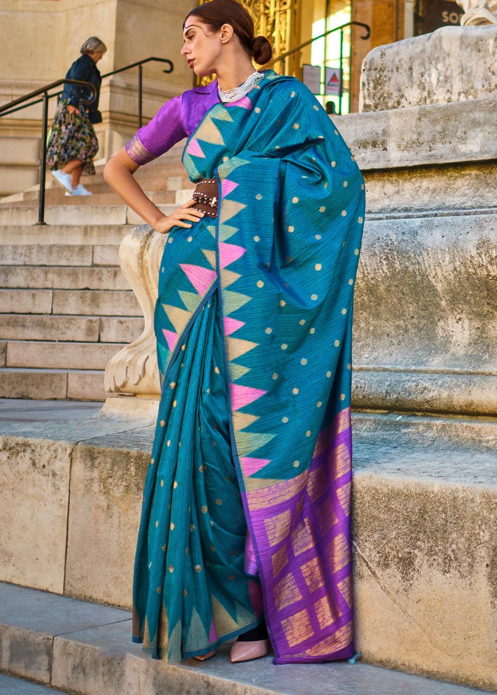 Cobalt Blue Handloom Woven Khadi Silk Saree - qivii