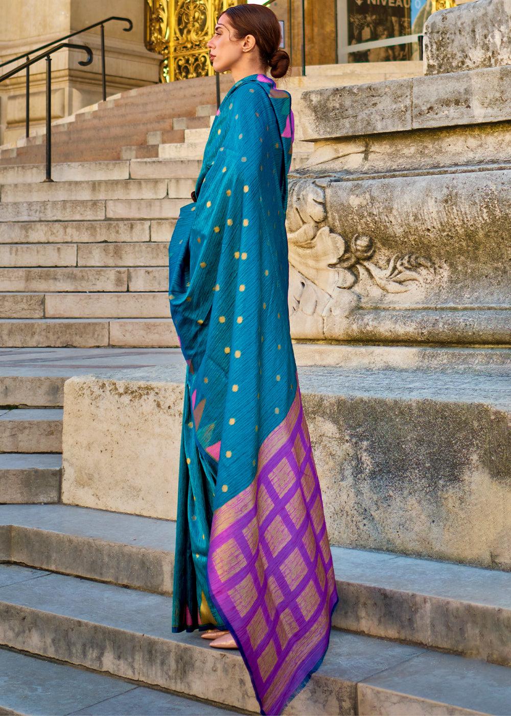 Cobalt Blue Handloom Woven Khadi Silk Saree - qivii