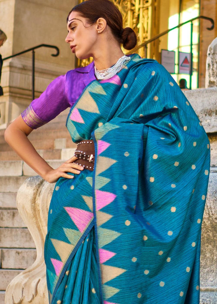 Cobalt Blue Handloom Woven Khadi Silk Saree - qivii