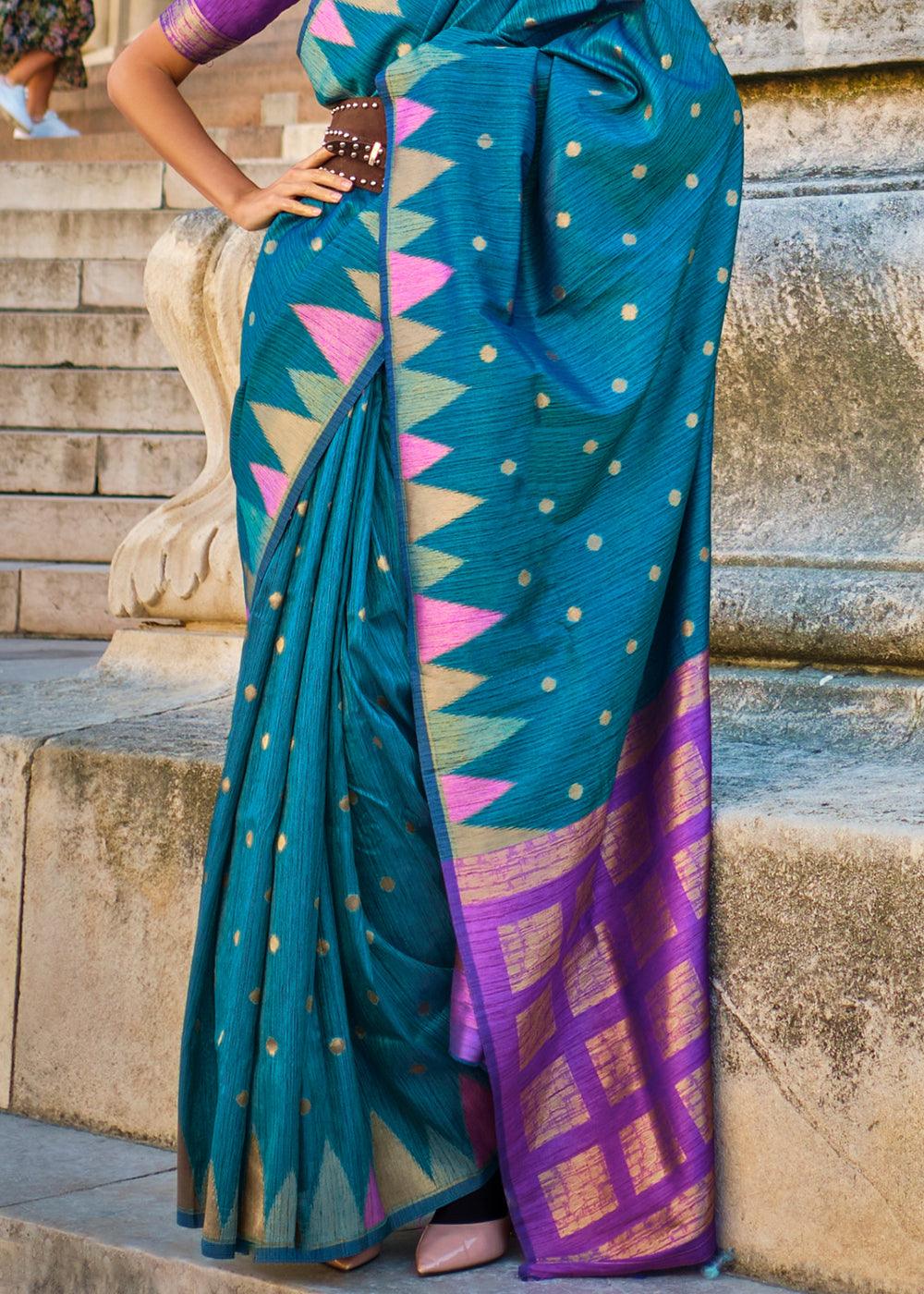 Cobalt Blue Handloom Woven Khadi Silk Saree - qivii