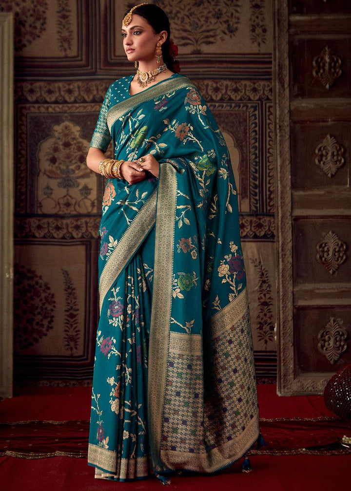 Cobalt Blue Meenakari Weaving Dola Silk Saree - qivii