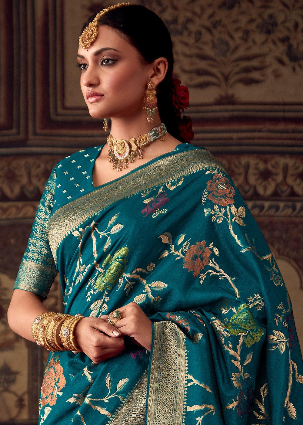 Cobalt Blue Meenakari Weaving Dola Silk Saree - qivii