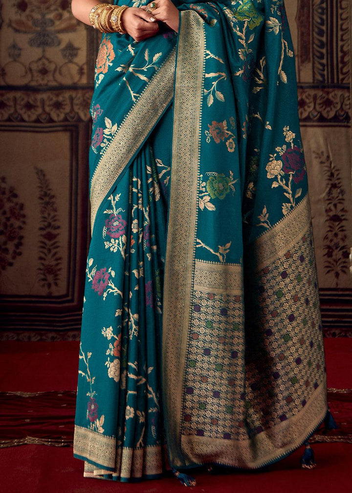 Cobalt Blue Meenakari Weaving Dola Silk Saree - qivii