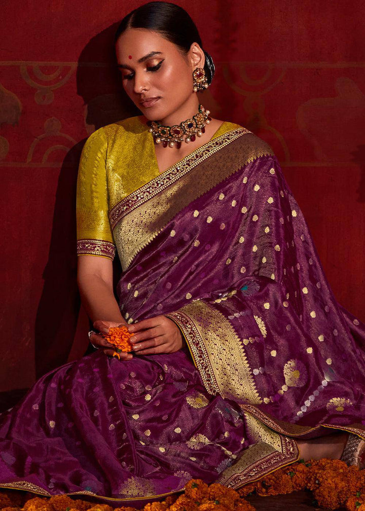 Cobalt Violet Zari Woven Khadi Silk Saree with Contrast Blouse | Stitched Blouse - qivii