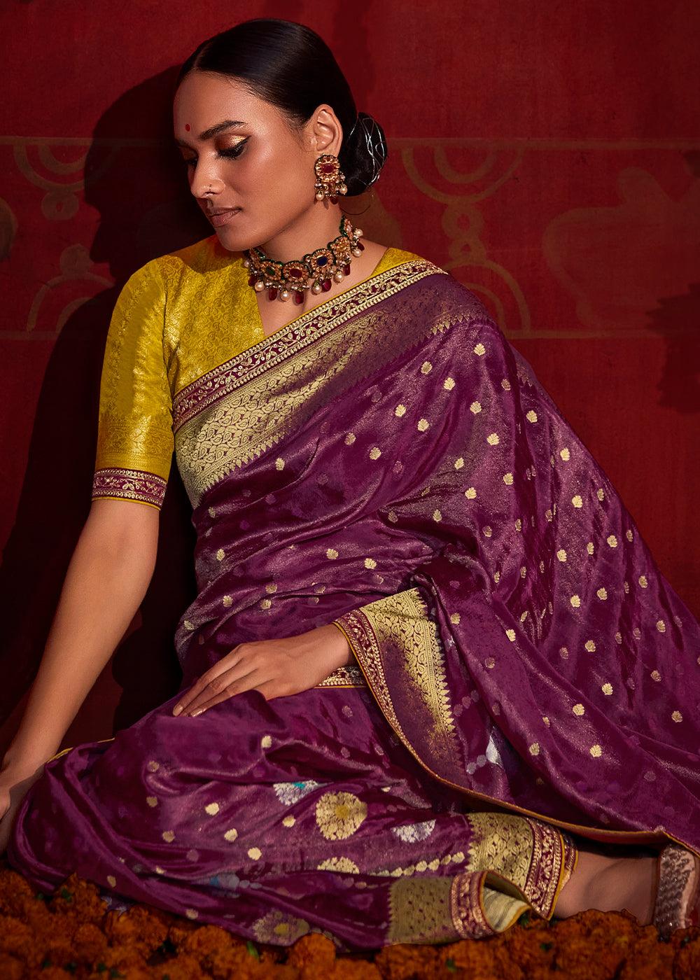 Cobalt Violet Zari Woven Khadi Silk Saree with Contrast Blouse | Stitched Blouse - qivii