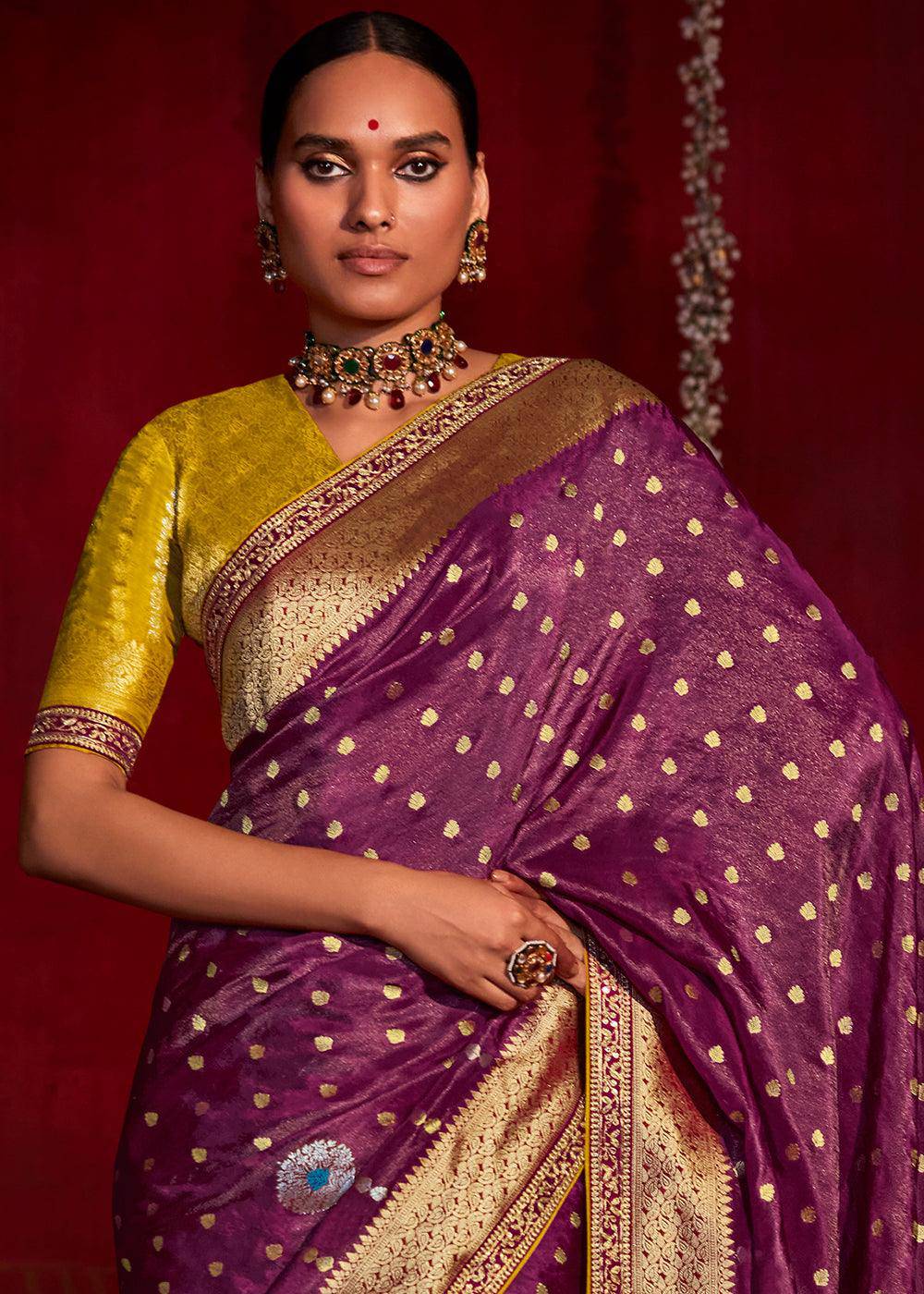 Cobalt Violet Zari Woven Khadi Silk Saree with Contrast Blouse | Stitched Blouse - qivii