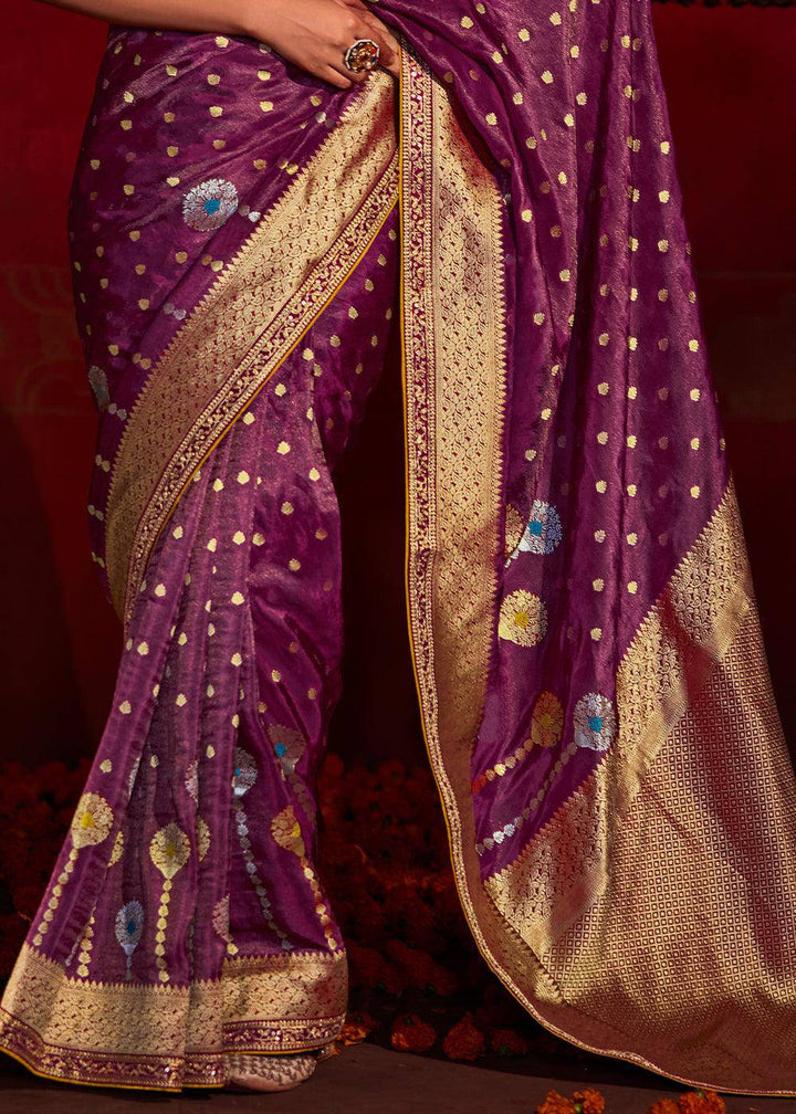 Cobalt Violet Zari Woven Khadi Silk Saree with Contrast Blouse | Stitched Blouse - qivii