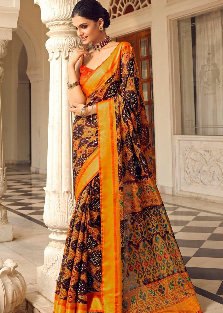 Coffee Brown Woven Patola Silk Saree | Stitched Blouse - qivii