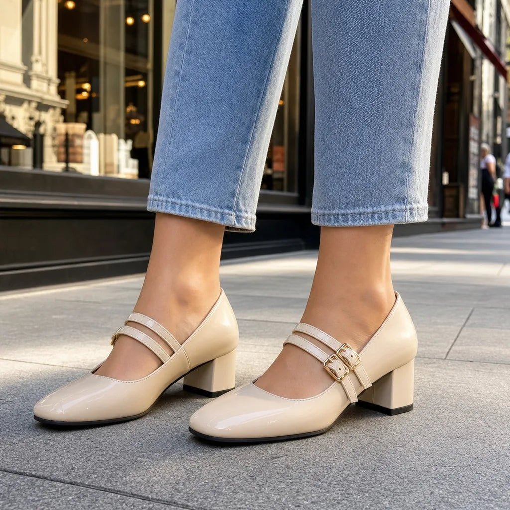 Beige patent Mary Jane shoes for women by Hudson Ridge, stylish women's footwear with a classic heel design.