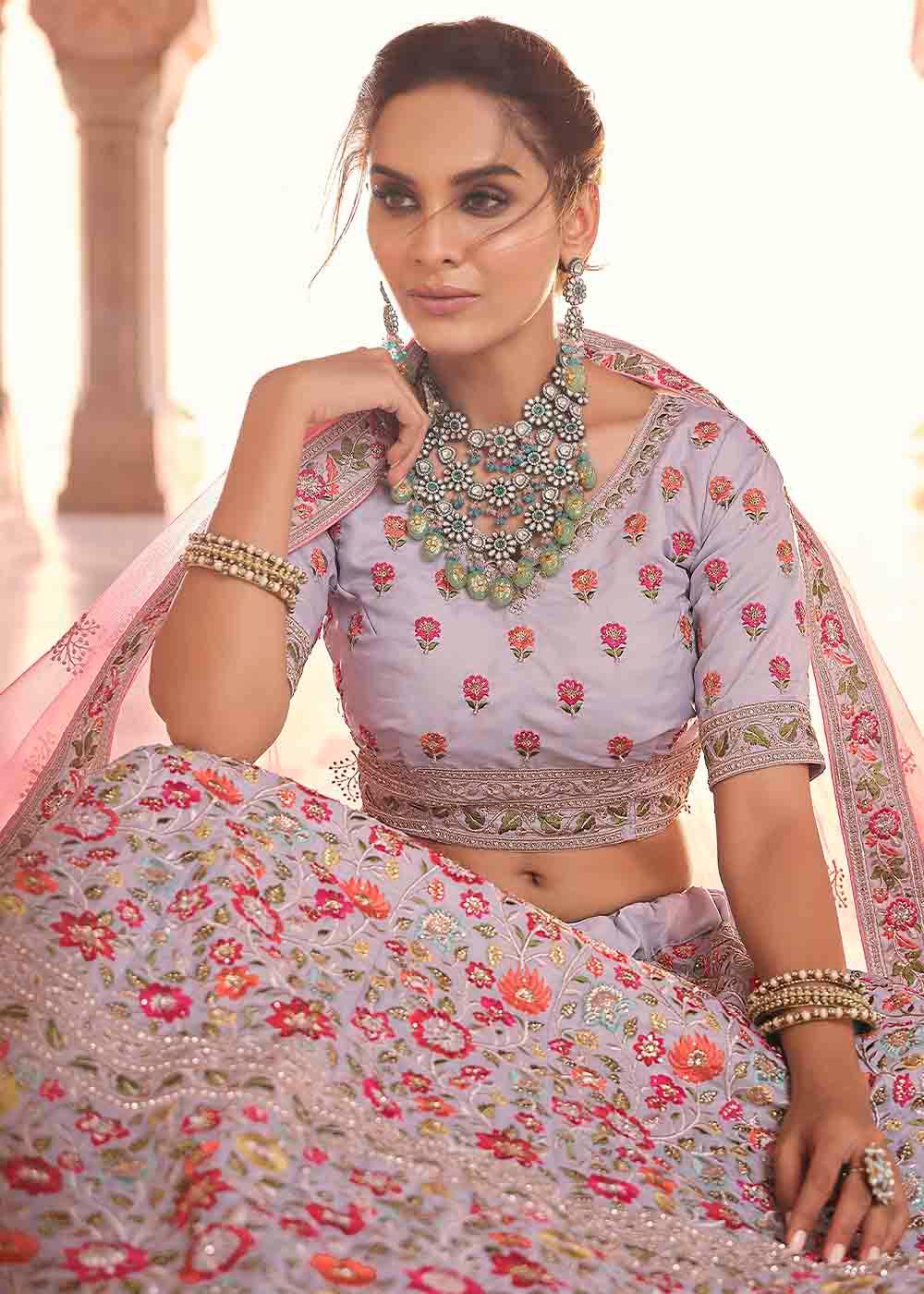 Coin Grey Crepe Lehenga Choli with Thread, Zarkan & Zari work - qivii