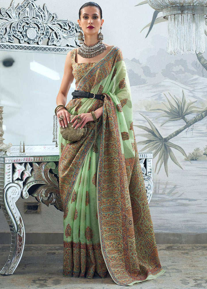 Cool Green Kashmiri Handloom Weaving Silk Saree | Stitched Blouse - qivii